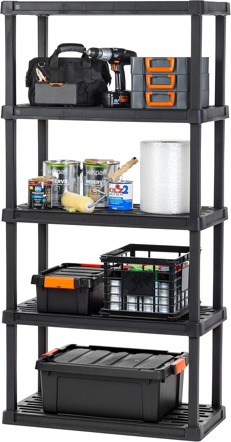 IRIS USA 4-Shelf Heavy Duty Plastic Storage Shelves, 600lb Capacity, 56"H x 36"W x 18"D, Large Modular Shelving Unit Storage Organizer for Garage, Home, Warehouse & Gym, Storage Rack - Black