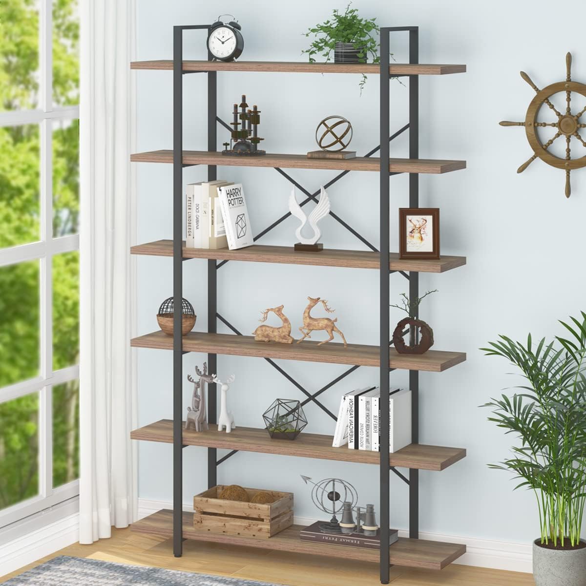 HSH 6 Tier Tall Bookshelf, Metal Wood Vertical Display Book Shelf, Industrial 6 Shelf Bookcases and Book Shelves Storage Rack, Large Open Book Case for Bedroom Living Room Office, Light Grey Oak