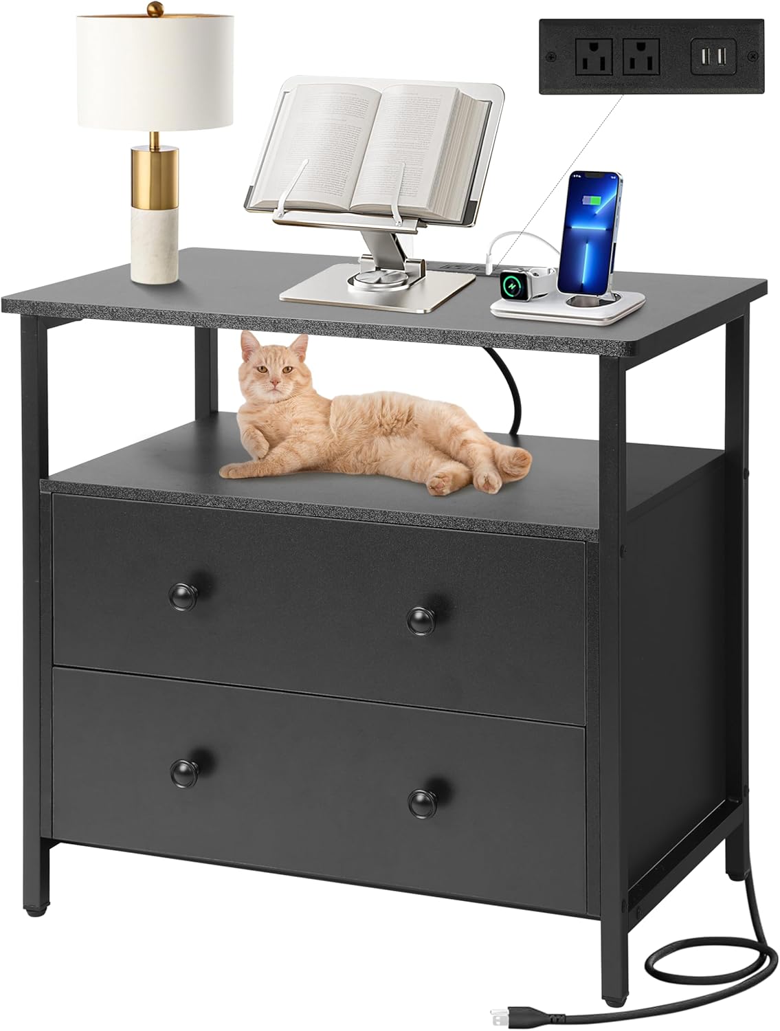 27 inch Wide Nightstand with Charging Station, Bedside Table with Open Shelf, 2 Drawers Small Wood Dresser, End Side Table for Bedroom (White)