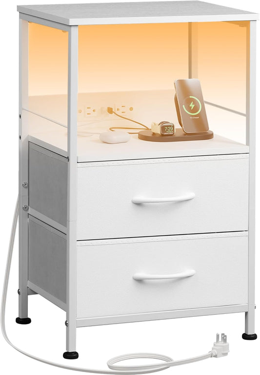 WLIVE White Night Stand with Charger Station, LED Nightstand with 2 Fabric Drawers and Storage Shelf, Bedside Table with 3 USB Ports and 2 Outlets, Small Dresser for Bedroom