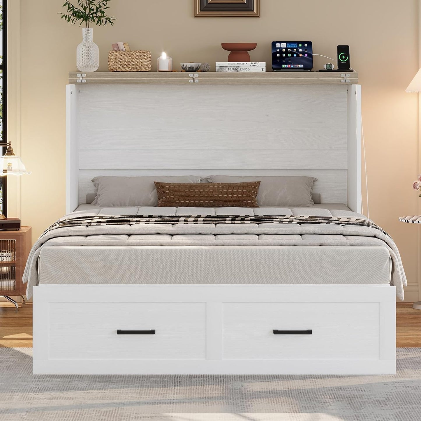 Full Size Farmhouse Murphy Cabinet Bed with Charging Station, Foldable Platform Bed with Large Storage Drawer for Guest-Room, Small Bedroom