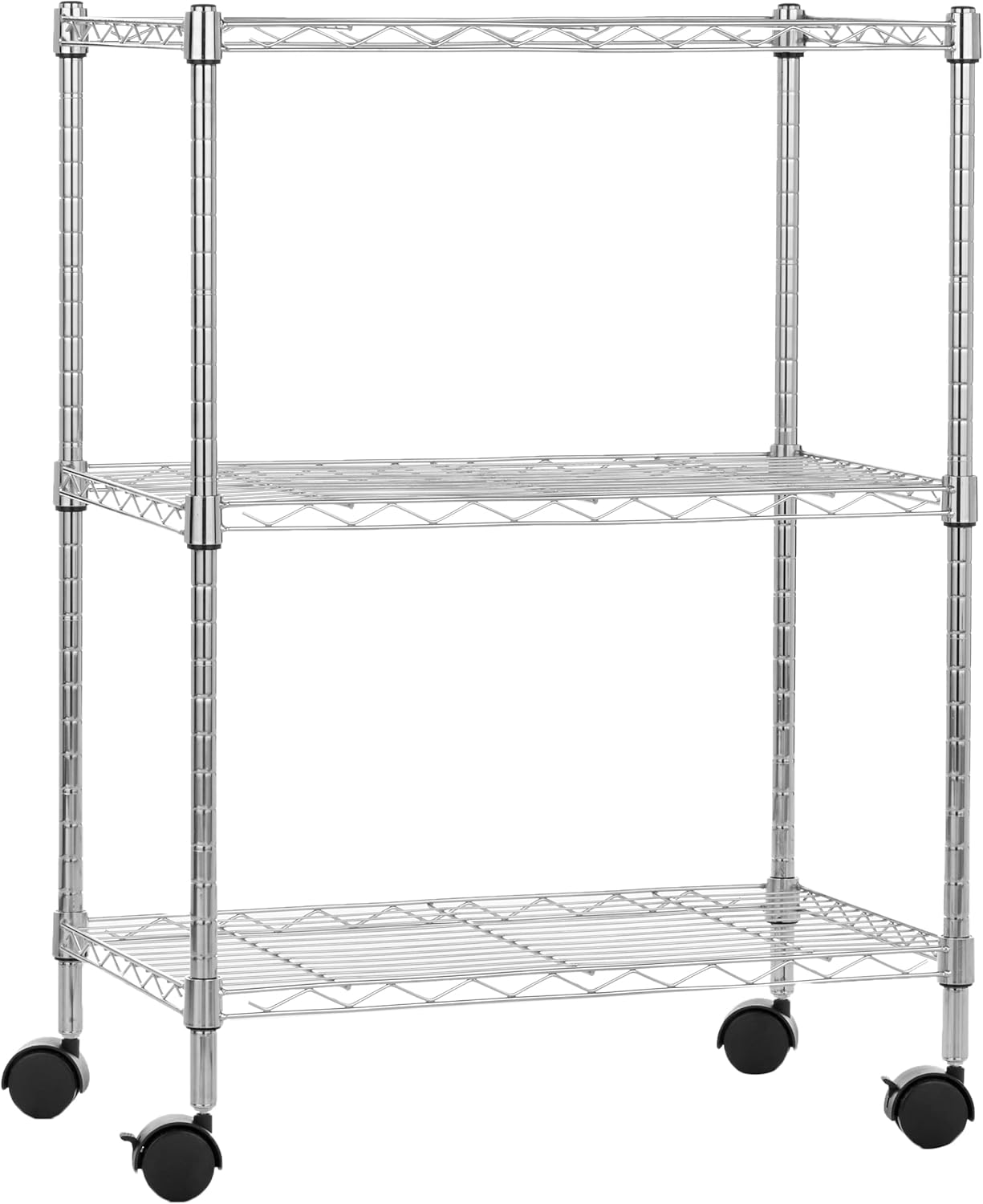 Amazon Basics 3-Shelf Adjustable, Heavy Duty Storage Shelving Unit on 2'' PP Plastic Wheel Casters, Metal Organizer Wire Rack, 23.2" L x 13.4" W x 32.75" H, Black