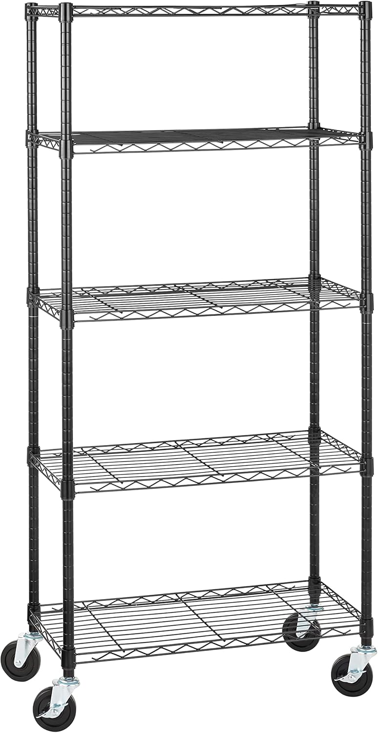 Amazon Basics 3-Shelf Adjustable, Heavy Duty Storage Shelving Unit on 2'' PP Plastic Wheel Casters, Metal Organizer Wire Rack, 23.2" L x 13.4" W x 32.75" H, Black