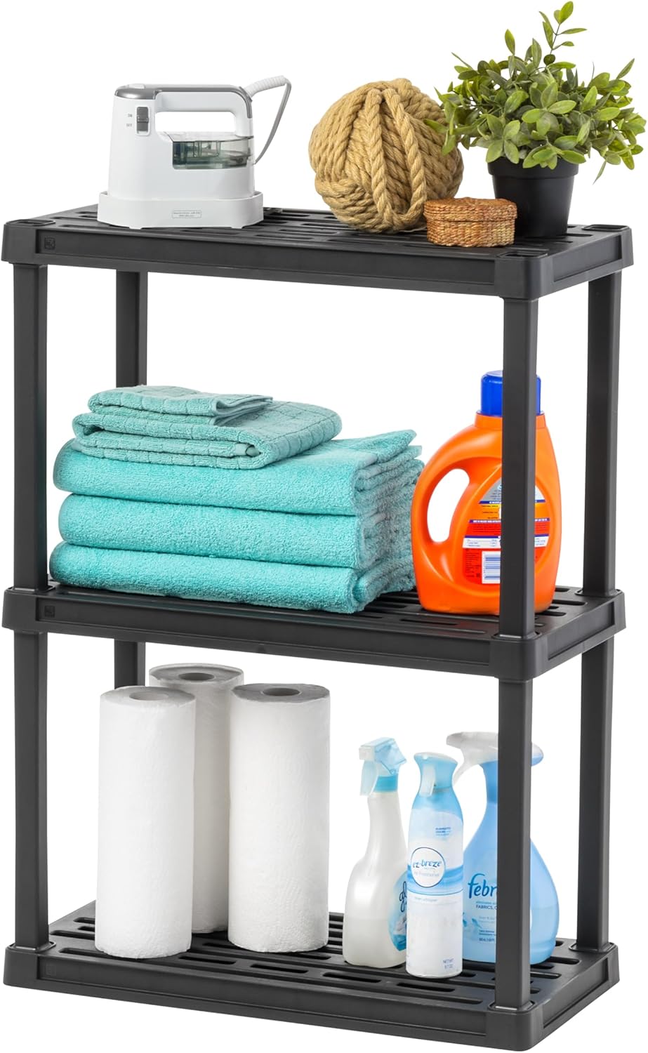 IRIS USA 4-Shelf Light Duty Plastic Storage Shelves, 200lb Capacity, 48"H x 24"W x 12"D, Medium Modular Shelving Unit Storage Organizer for Garage, Home, Bathroom & Laundry, Storage Rack - Black