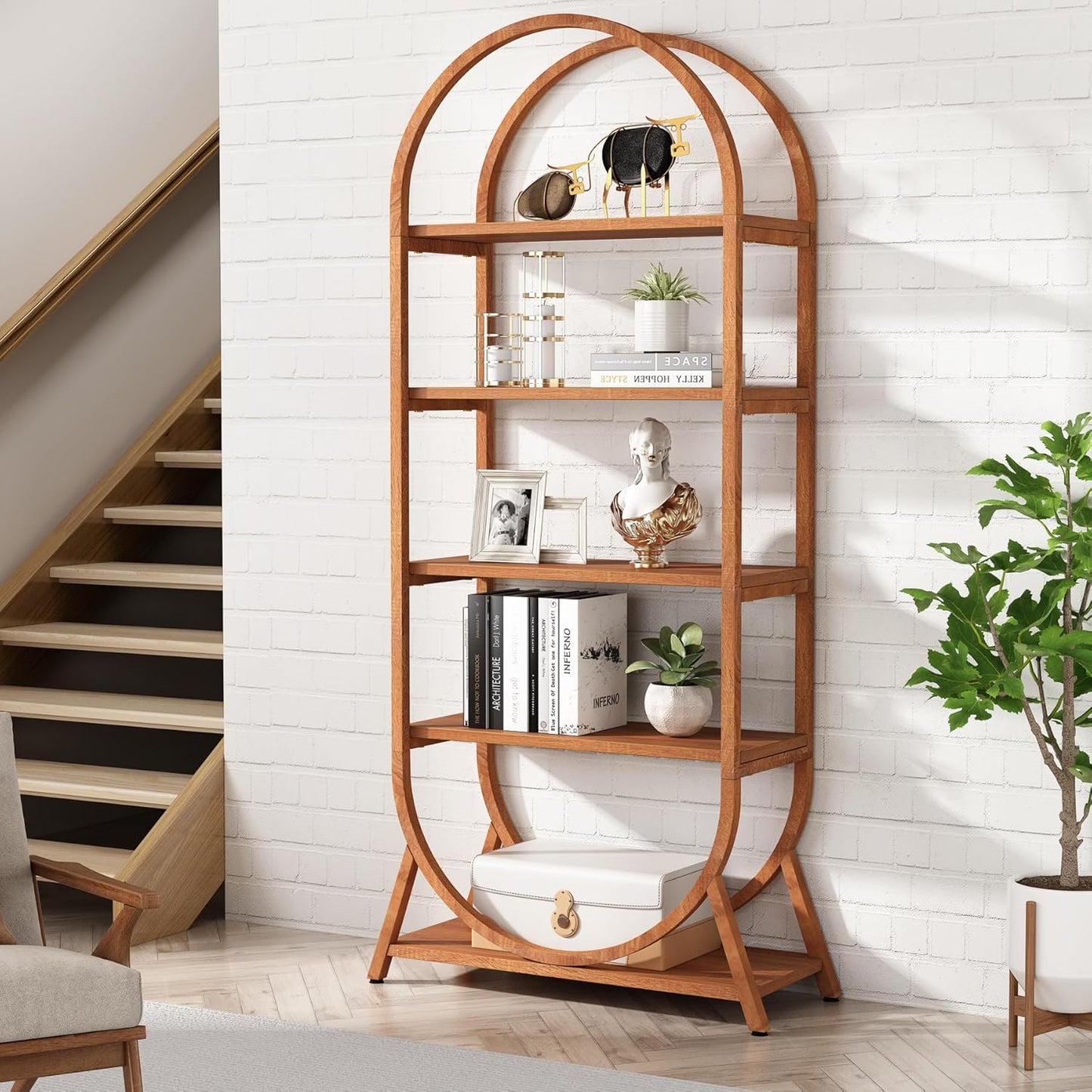 Tribesigns 5-Tier Open Bookshelf, 70.8" Tall Arched Bookcase, Modern Brown Storage Bookshelves, Freestanding Display Rack Shelving Unit for Office, Bedroom, Living Room, Easy Assembly