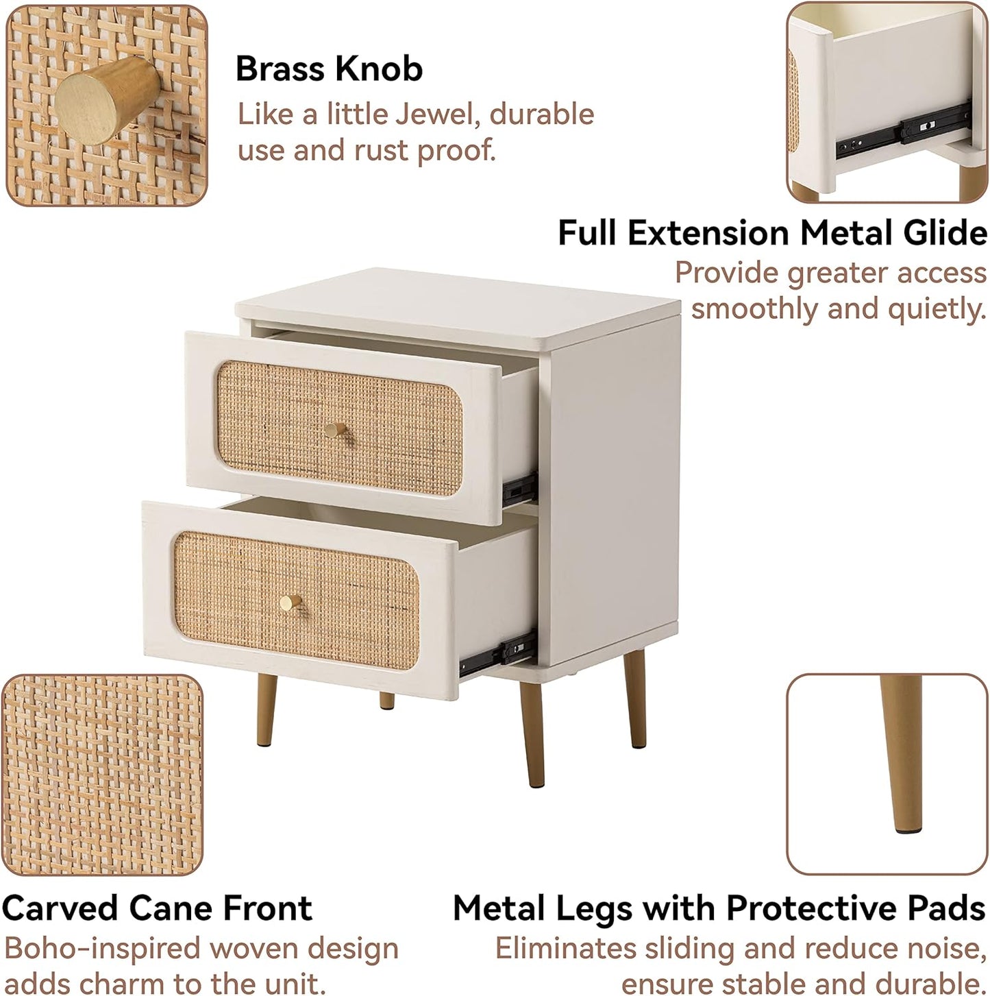 LONYKE Wicker Rattan Nightstand, 2-Drawer End Table Cream White Finish Side Table for Small Spaces, Modern Farmhouse Wooden Bedside Table, Boho Mid-Century Coastal Storage Cabinet