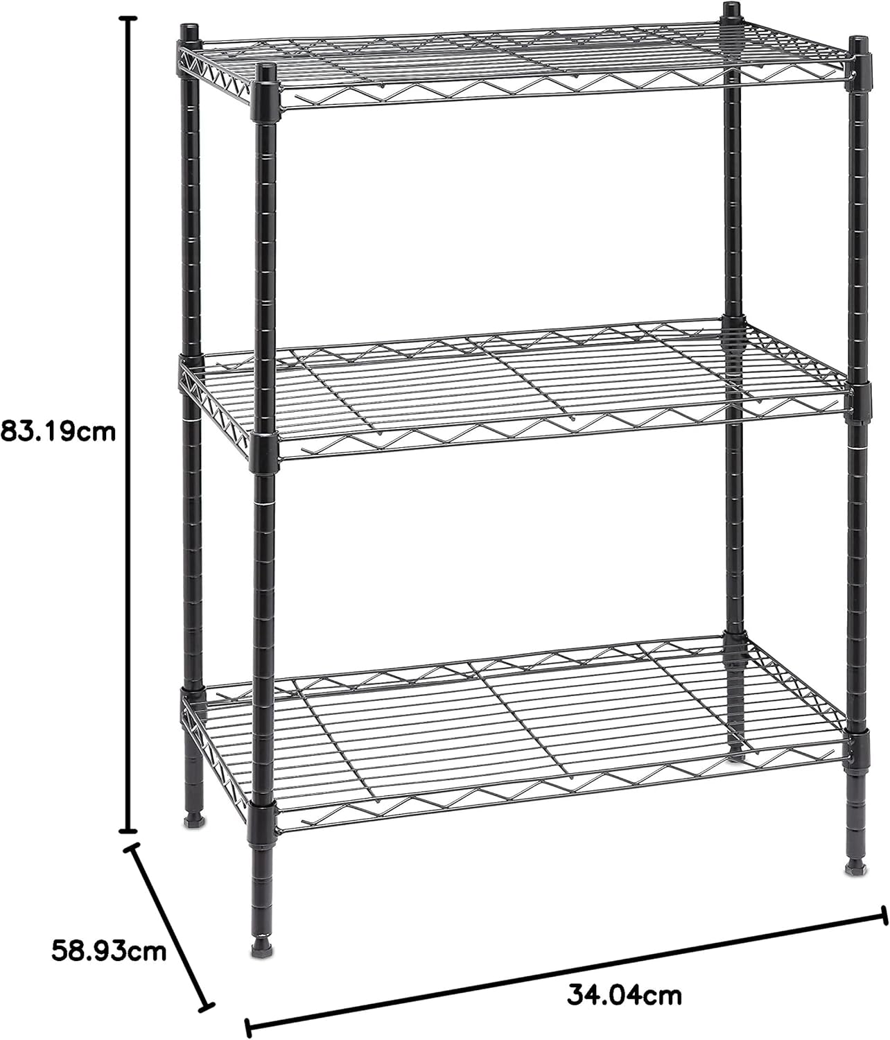Amazon Basics 3-Shelf Adjustable, Heavy Duty Storage Shelving Unit on 2'' PP Plastic Wheel Casters, Metal Organizer Wire Rack, 23.2" L x 13.4" W x 32.75" H, Black