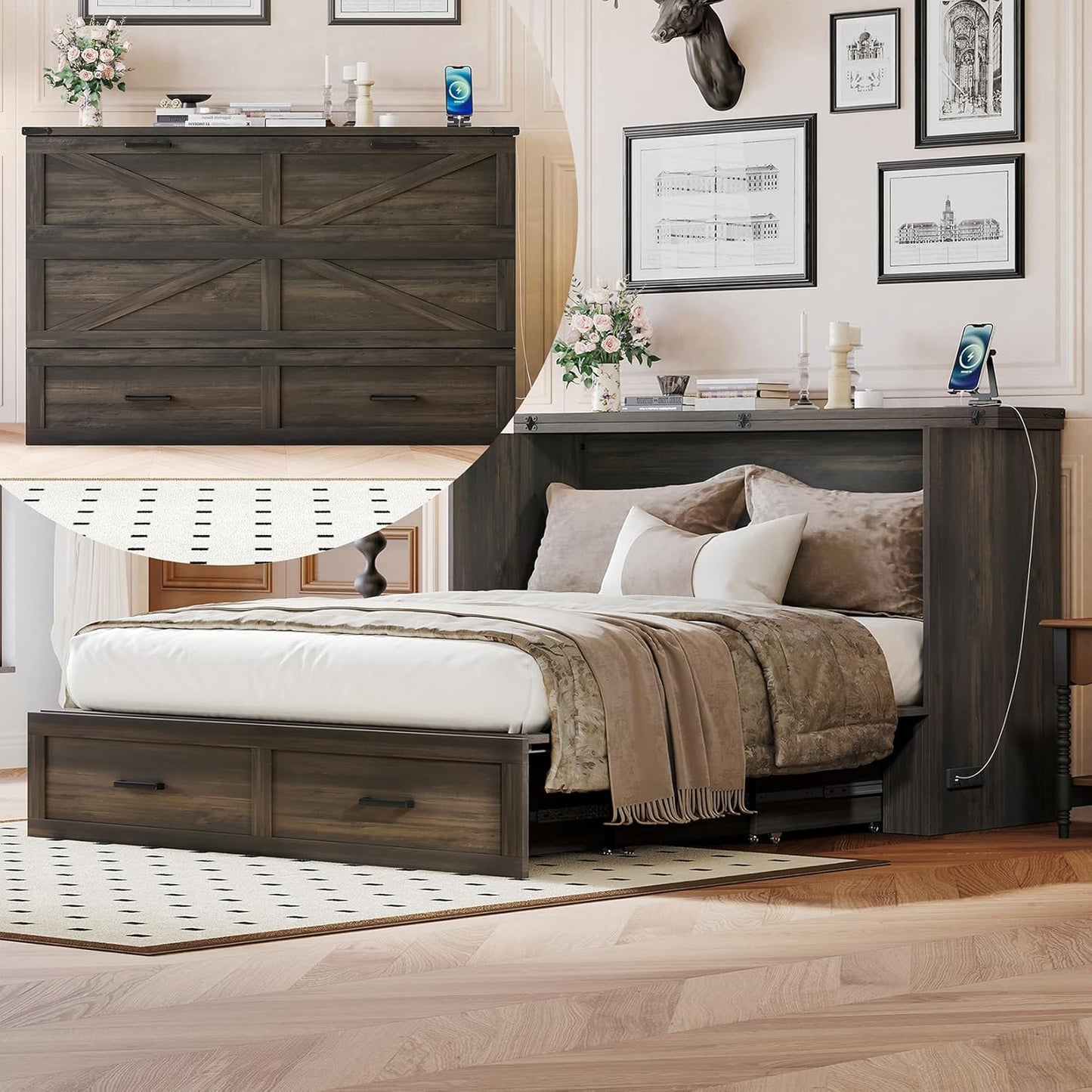 Full Size Farmhouse Murphy Cabinet Bed with Charging Station, Foldable Platform Bed with Large Storage Drawer for Guest-Room, Small Bedroom