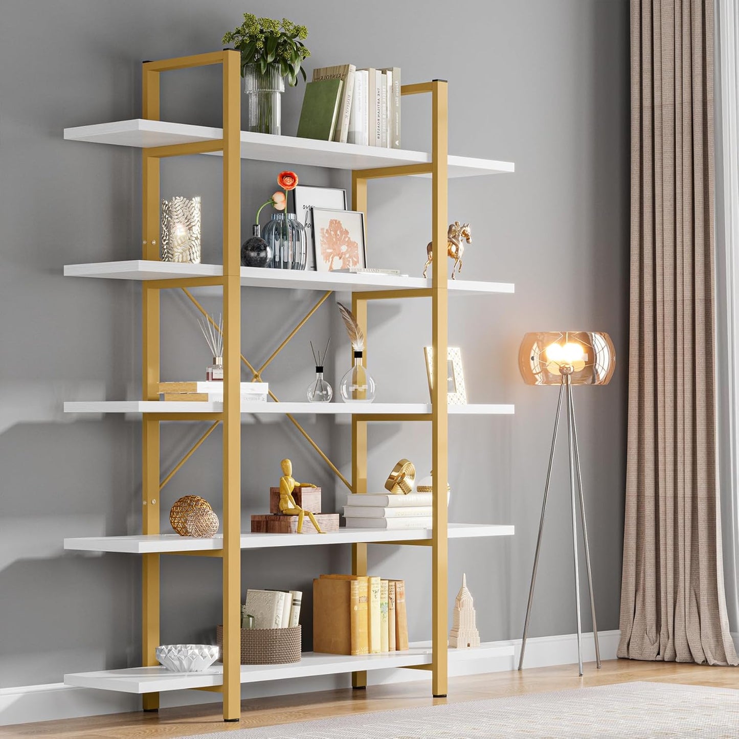 Tribesigns 5-Tier Bookshelf, Vintage Industrial Style Bookcase 72 H x 12 W x 47L Inches