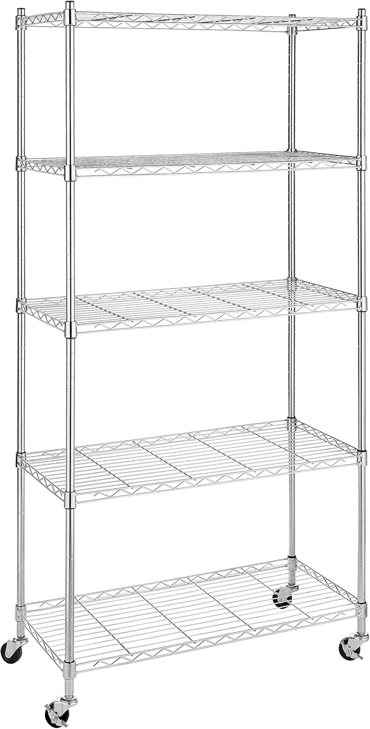 Whitmor 5 Tier Shelving Unit, Metal Storage Shelves, 400 lbs Capacity per Shelf, 2000 lbs Total, Adjustable Heavy Duty Shelf, Easy Assembly for Kitchen, Garage, Plant, 36"L x 14"W x 72"H, Chrome