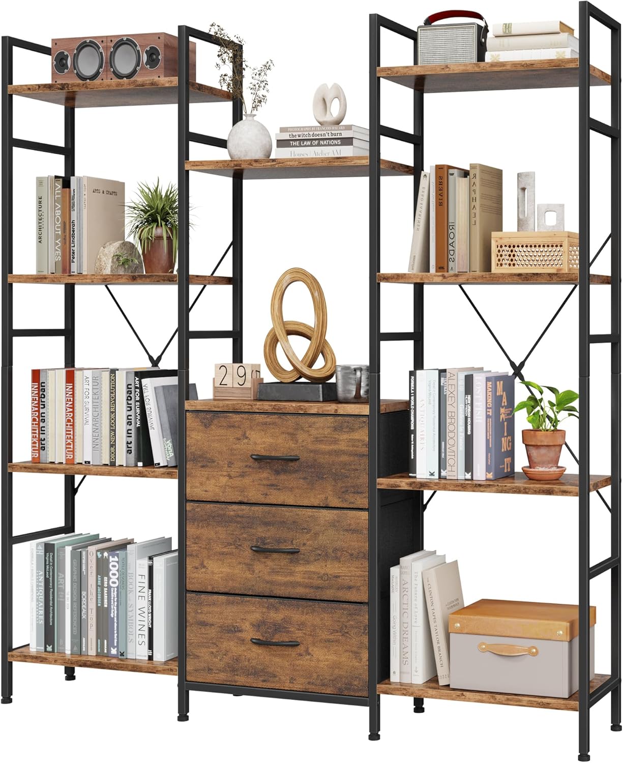 Triple Bookshelf with 3 Fabric Drawers, 5-Tier Book Shelf and 10 Display Shelves, Industrial Large Bookcase for Home & Office, Rustic Brown, 47'' Wide