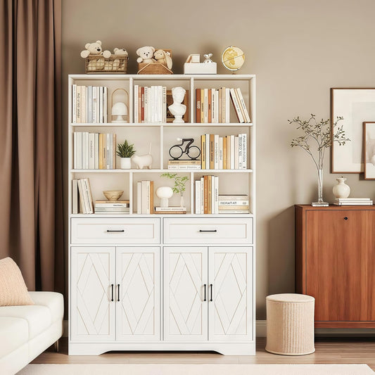 Wanttii Large Bookshelves and Bookcase with Drawers, 8-Tier Wooden Bookshelves with Cabinet Doors, Tall Storage Cabinet for Home Office, Living Room, Bedroom (Industrial White)