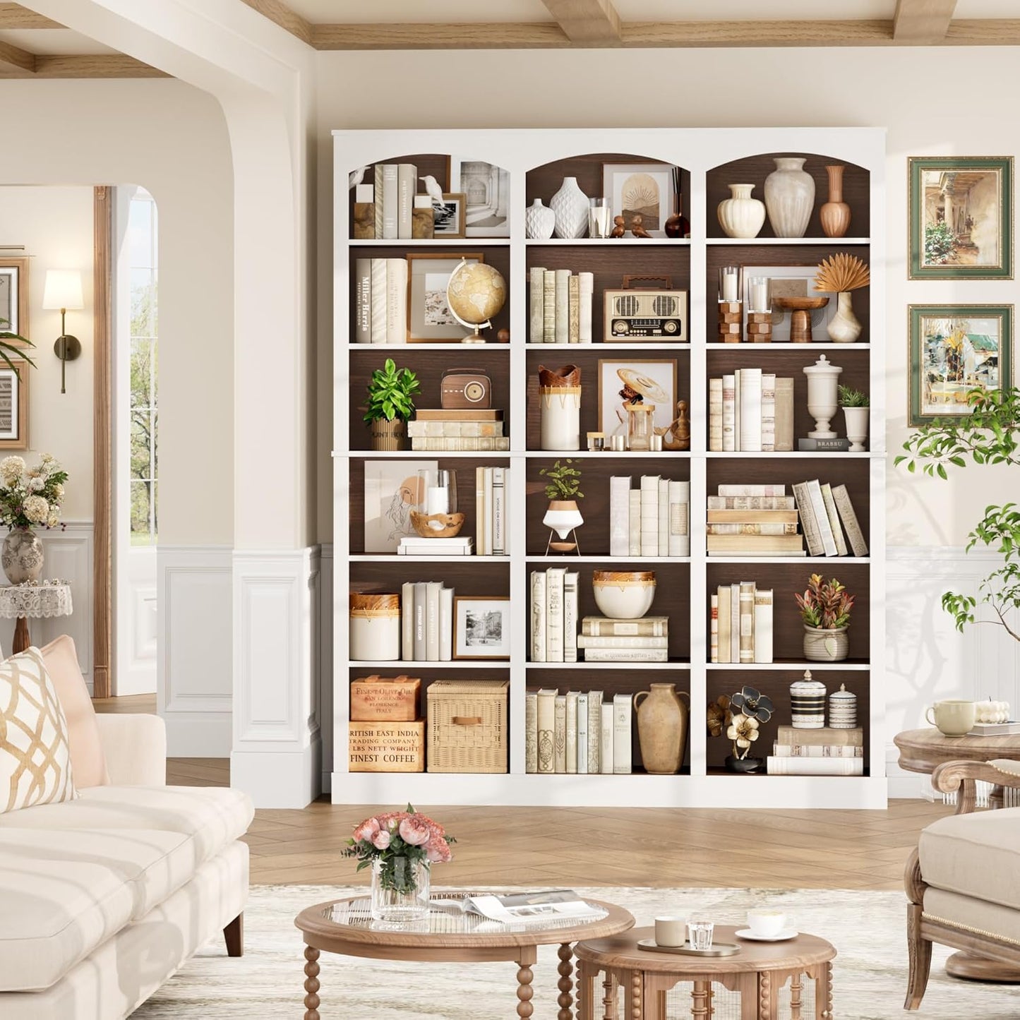 71" Triple Wide Bookshelf, 6 Tier Tall Bookshelf, Large Bookcase with Curved Baffle, 63.4" Wide Book Shelf with 18 Open Display Shelves for Living Room, Study, Walnut and White