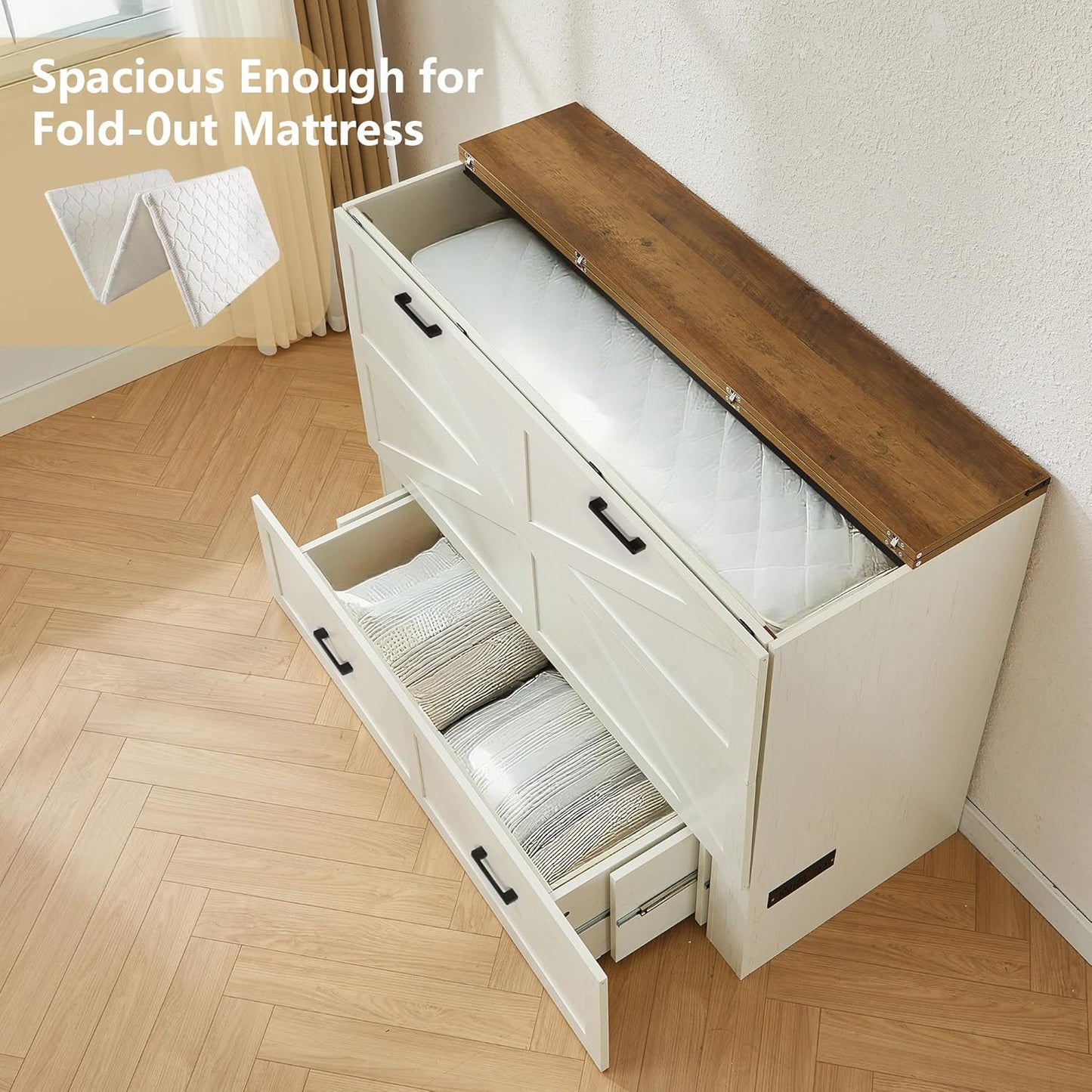 Murphy Bed,Multi-Functional Cabinet Bed,Murphy Bed Cabinet with Large Storage Drawer for Living Room, Guest Bedroom,Home Office (Queen Size)