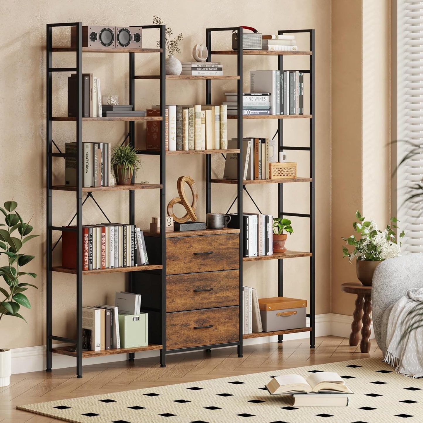 Triple Bookshelf with 3 Fabric Drawers, 5-Tier Book Shelf and 10 Display Shelves, Industrial Large Bookcase for Home & Office, Rustic Brown, 47'' Wide