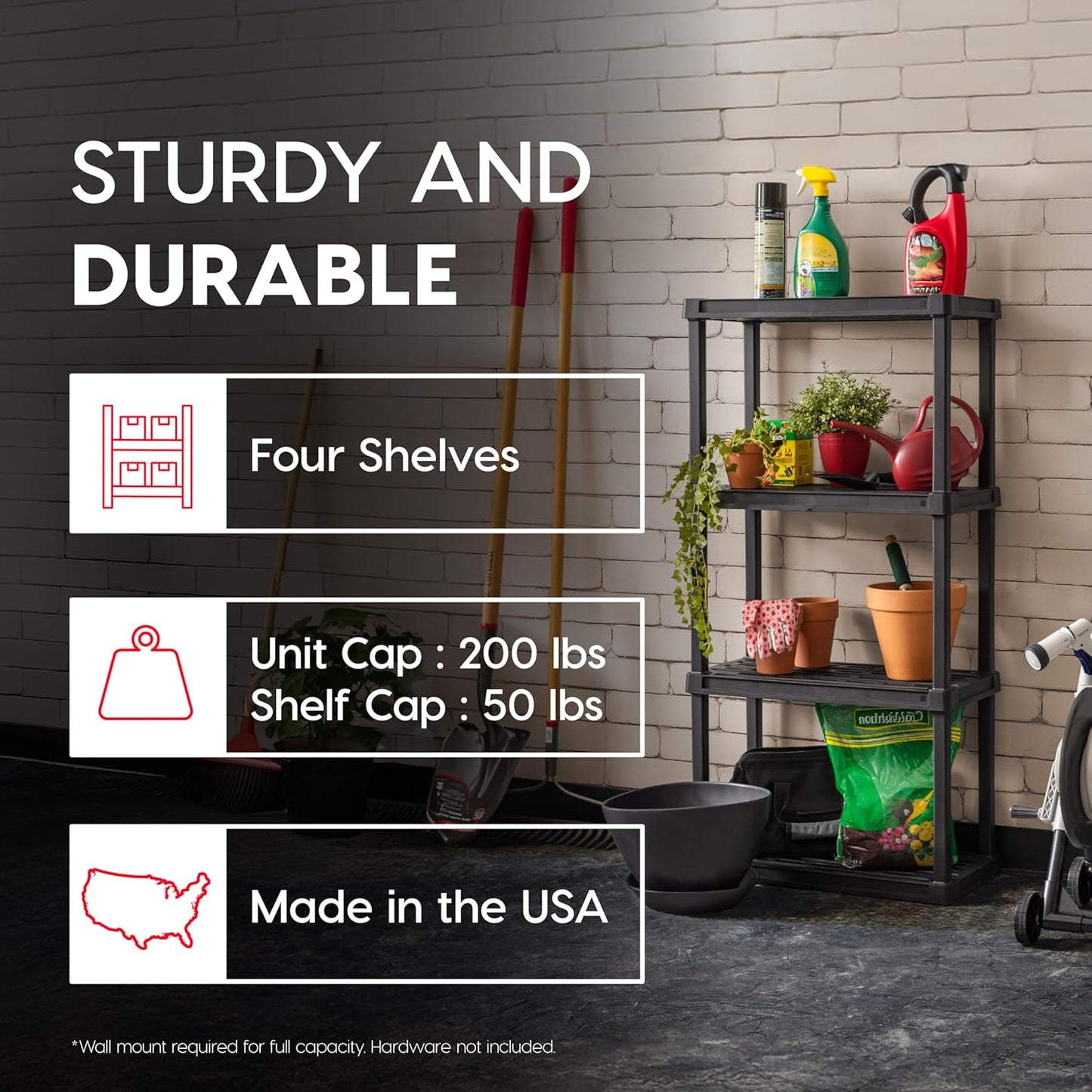 IRIS USA 4-Shelf Light Duty Plastic Storage Shelves, 200lb Capacity, 48"H x 24"W x 12"D, Medium Modular Shelving Unit Storage Organizer for Garage, Home, Bathroom & Laundry, Storage Rack - Black