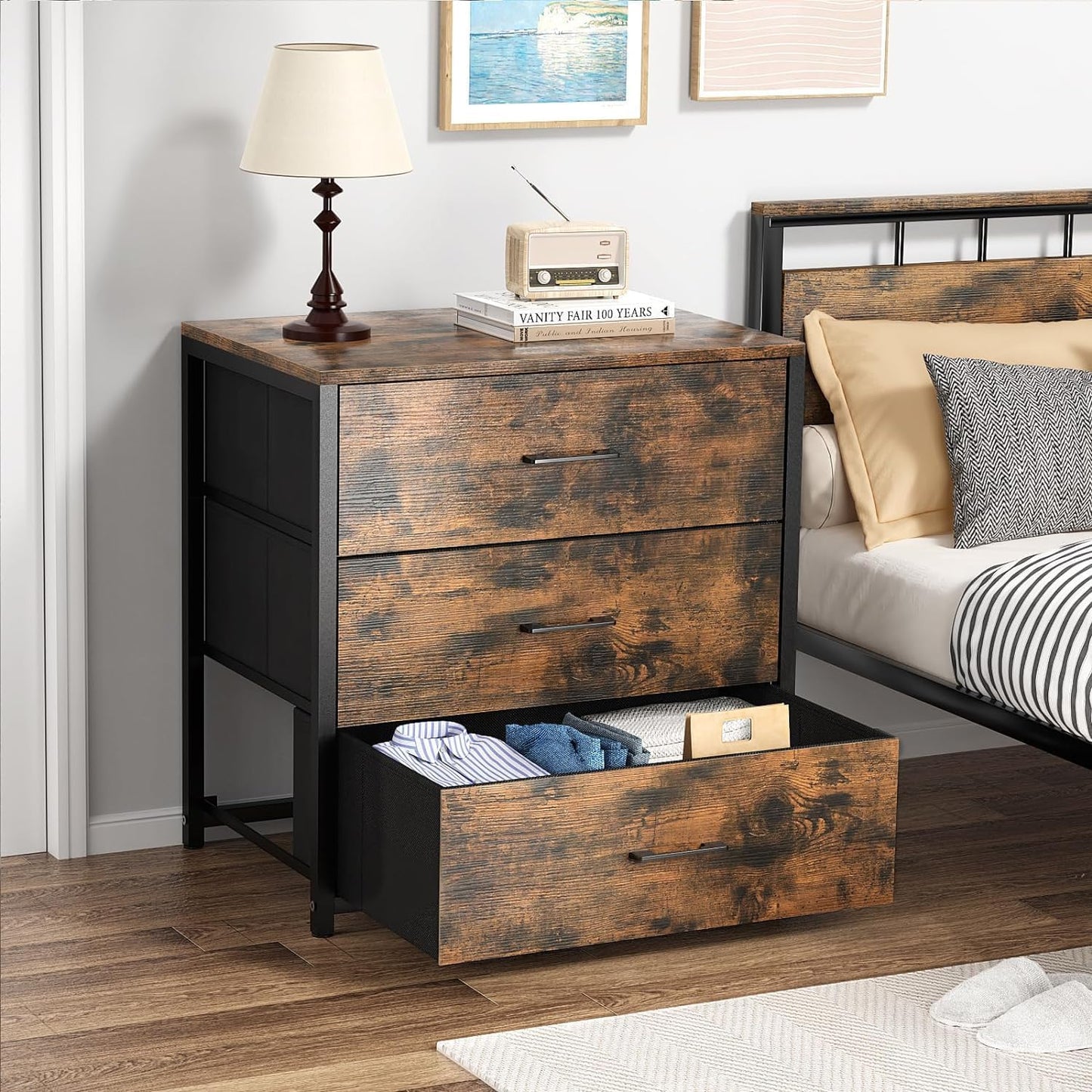 Nightstand with 3 Drawers for Bedroom, Storage Dresser with Fabric Drawers and Metal Frame for Closet, Living Room, Bedside Table with Wood Top, Easy Pull Handle, Black