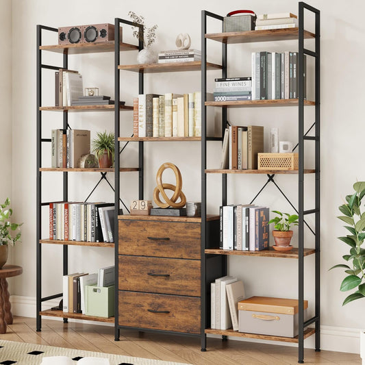 Triple Bookshelf with 3 Fabric Drawers, 5-Tier Book Shelf and 10 Display Shelves, Industrial Large Bookcase for Home & Office, Rustic Brown, 47'' Wide