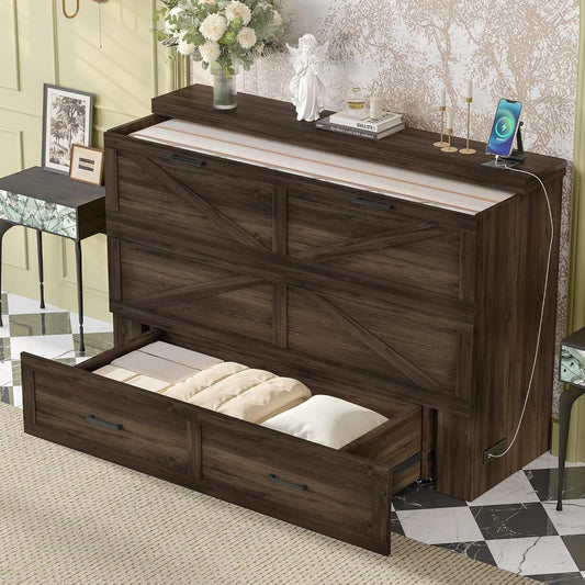 Bellemave Queen Murphy Bed, Cabinet Bed with Charging Station and Storage, Farmhouse Murphy Cabinet with Foldable Panel, Noisy Free, for Guest Bedroom, Living Room, Office, Rustic Gray