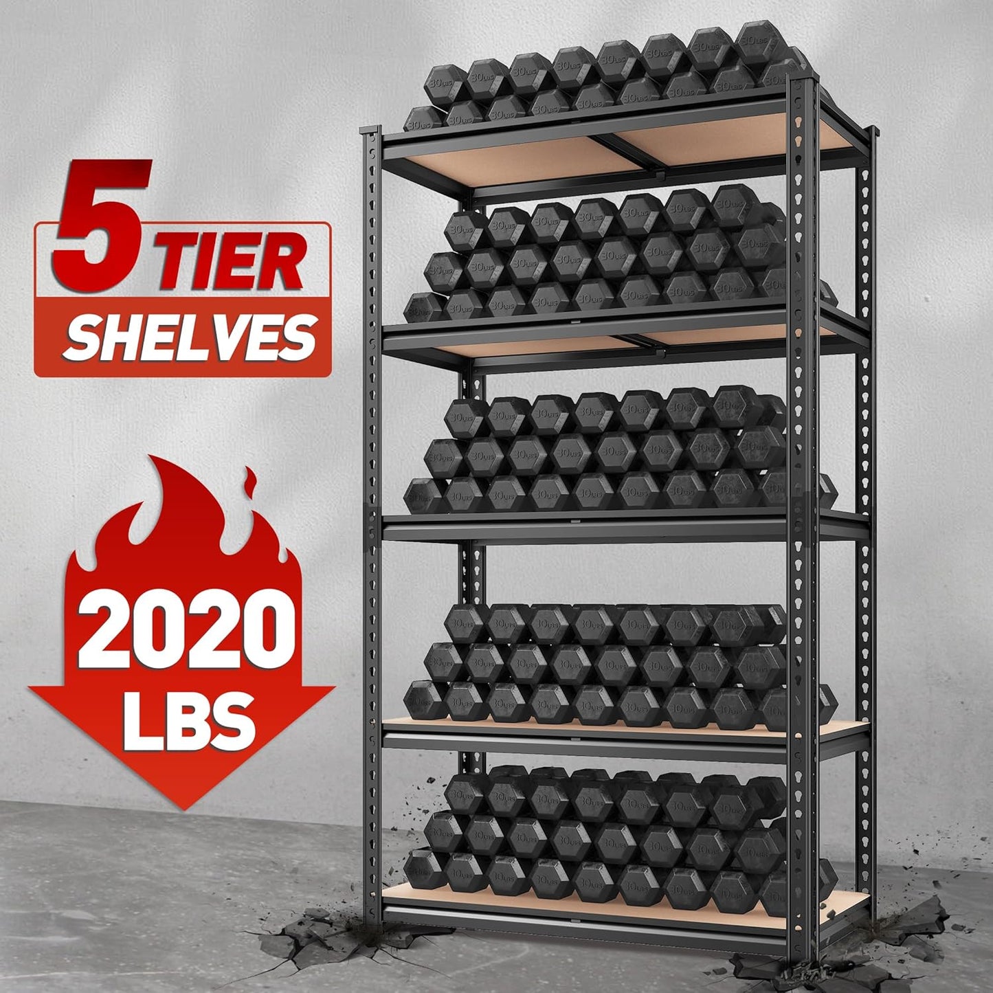 REIBII 2020LBS Storage Shelves 5 Tier Garage Shelving Heavy Duty, Adjustable Metal Shelving Unit, Garage Shelves for Basement, Warehouse, Pantry, 72" H x 35.55" W x 16" D, Black