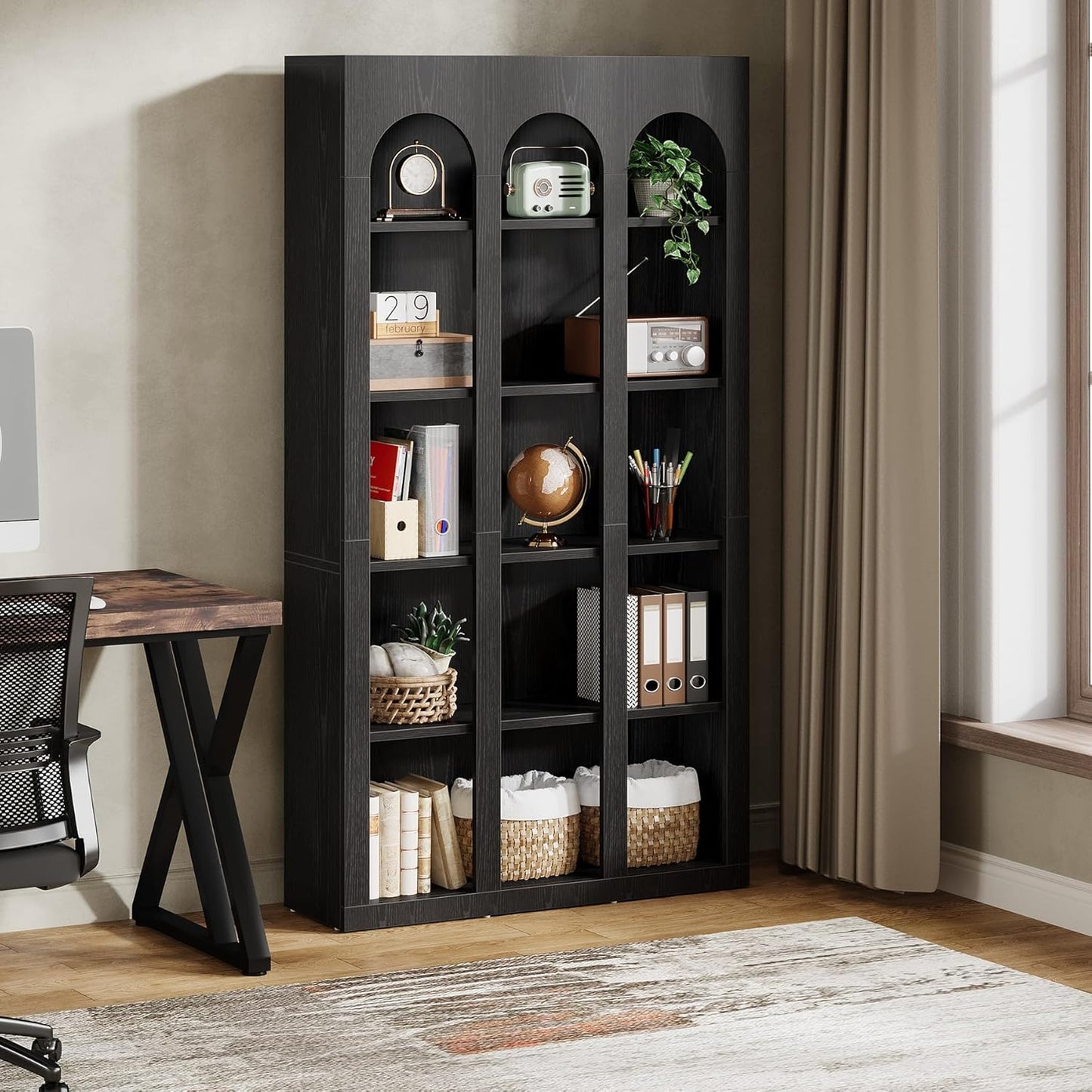 Tribesigns 5-Tier Farmhouse Arched Bookshelf, 70.87-Inch Mid Century Modern Arched Bookcase with Open Shelves, Tall Book Shelf Vintage Display Storage Shelving Unit for Home Office, Rustic Brown