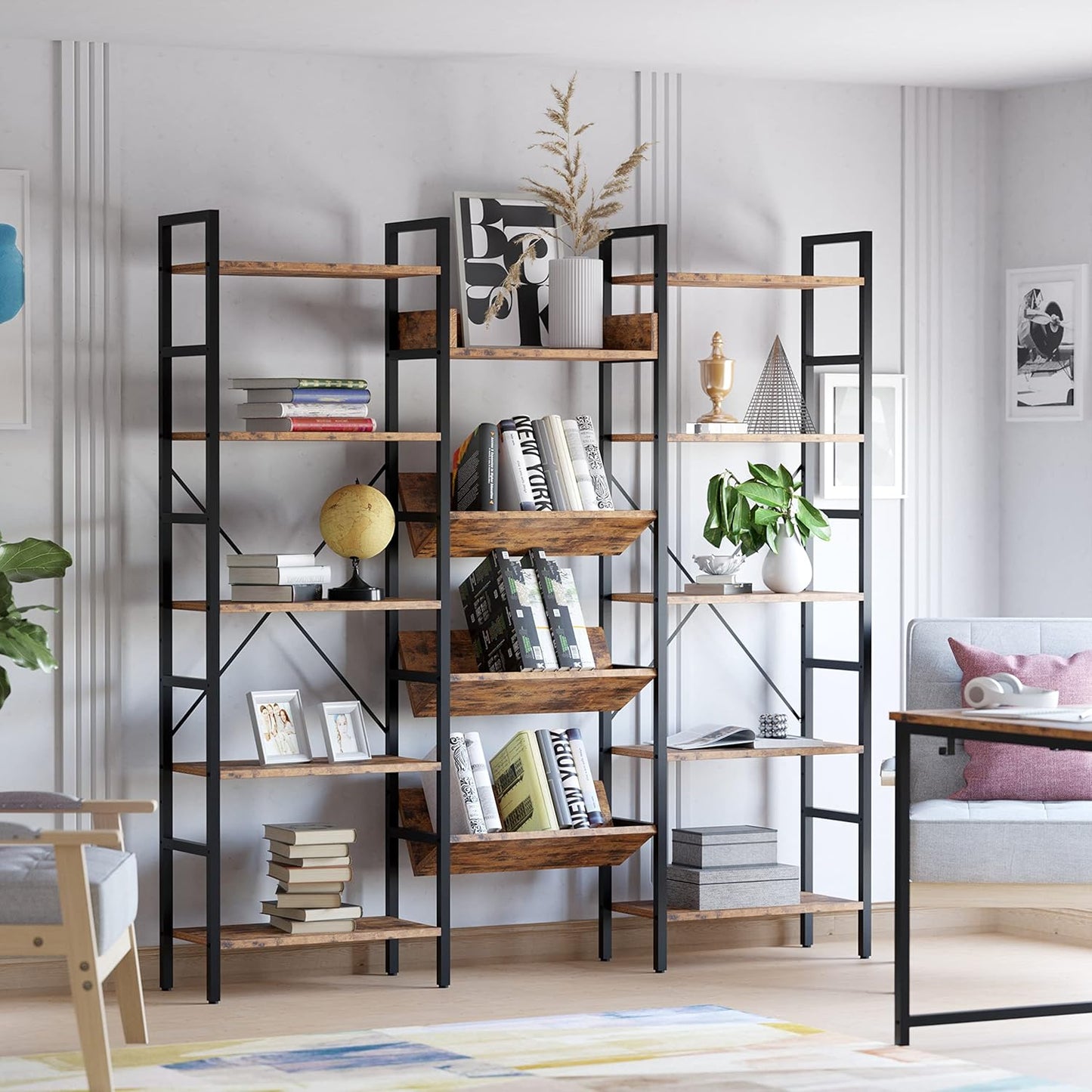 IRONCK Bookshelves and Bookcases 5 Tiers, Triple Wide Industrial Bookshelf, Large Etagere Bookshelf, Display Storage Bookshelves with Metal Frame for Living Room, Home Office