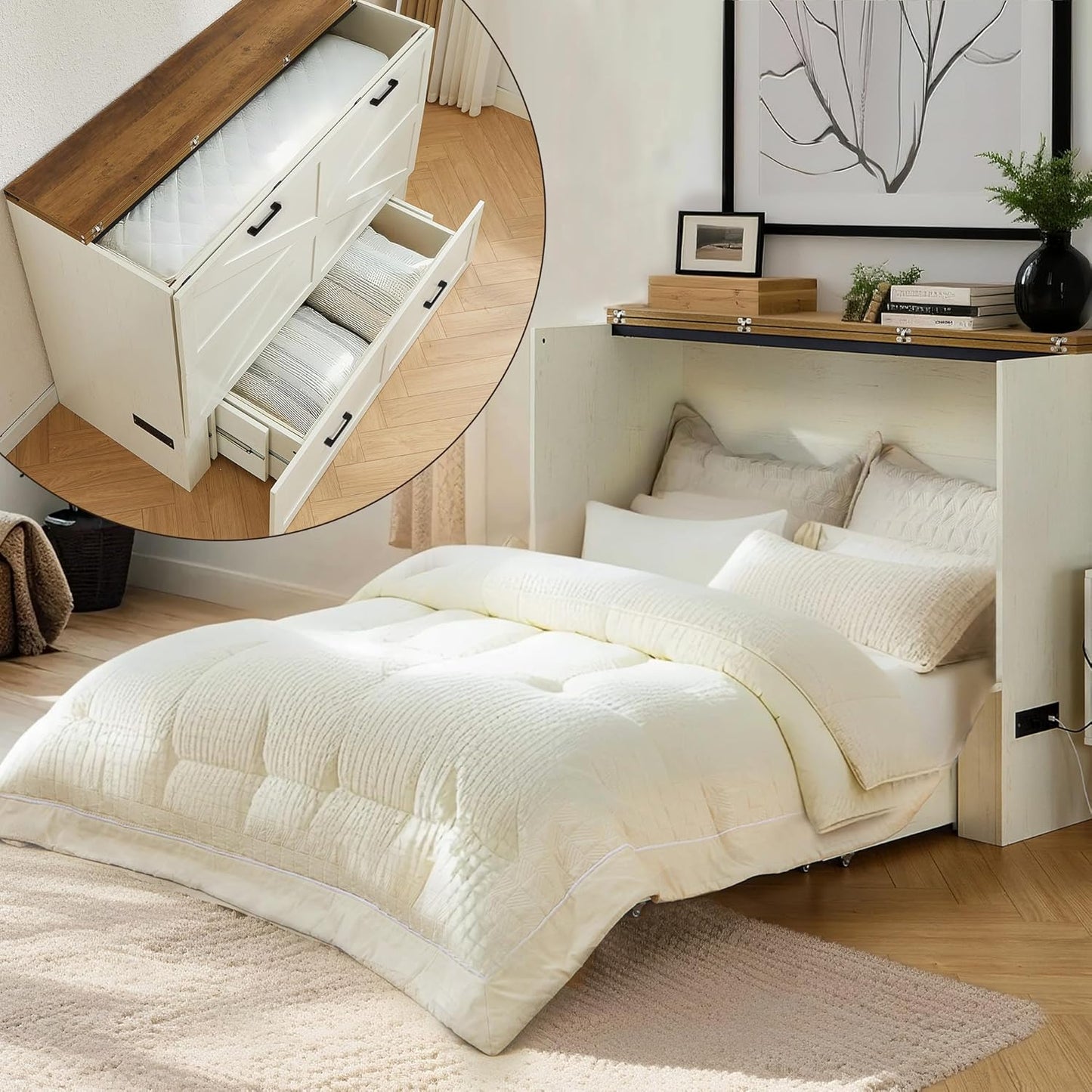 Murphy Bed,Multi-Functional Cabinet Bed,Murphy Bed Cabinet with Large Storage Drawer for Living Room, Guest Bedroom,Home Office (Queen Size)