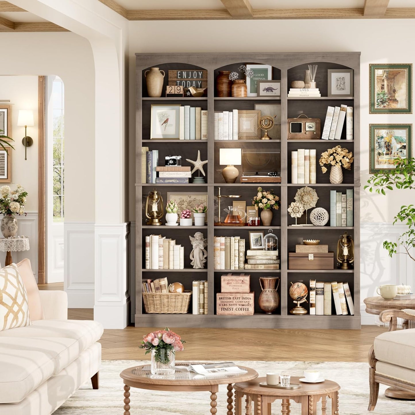 71" Triple Wide Bookshelf, 6 Tier Tall Bookshelf, Large Bookcase with Curved Baffle, 63.4" Wide Book Shelf with 18 Open Display Shelves for Living Room, Study, Walnut and White