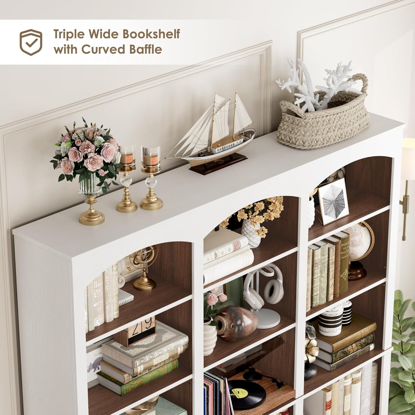 71" Triple Wide Bookshelf, 6 Tier Tall Bookshelf, Large Bookcase with Curved Baffle, 63.4" Wide Book Shelf with 18 Open Display Shelves for Living Room, Study, Walnut and White