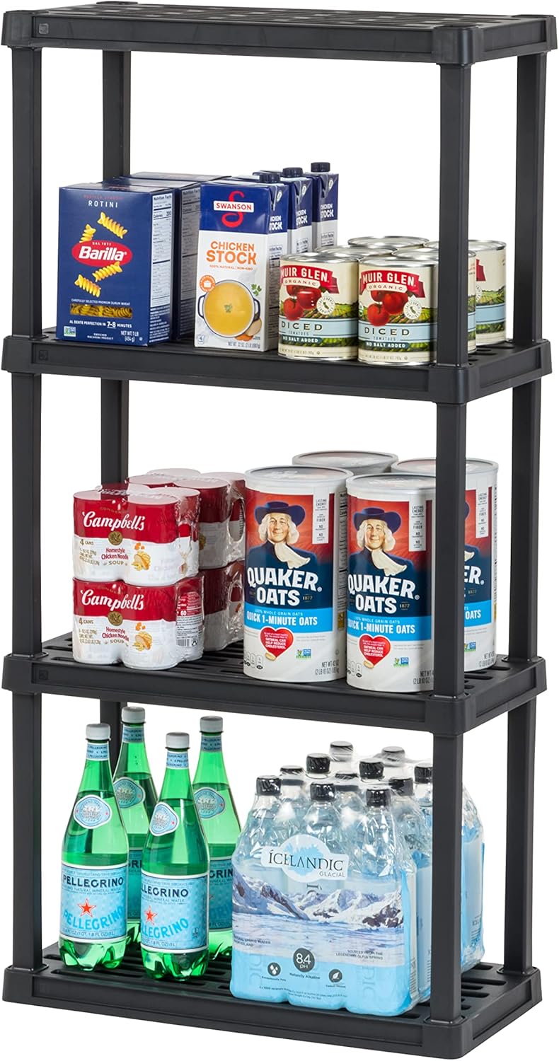 IRIS USA 4-Shelf Light Duty Plastic Storage Shelves, 200lb Capacity, 48"H x 24"W x 12"D, Medium Modular Shelving Unit Storage Organizer for Garage, Home, Bathroom & Laundry, Storage Rack - Black
