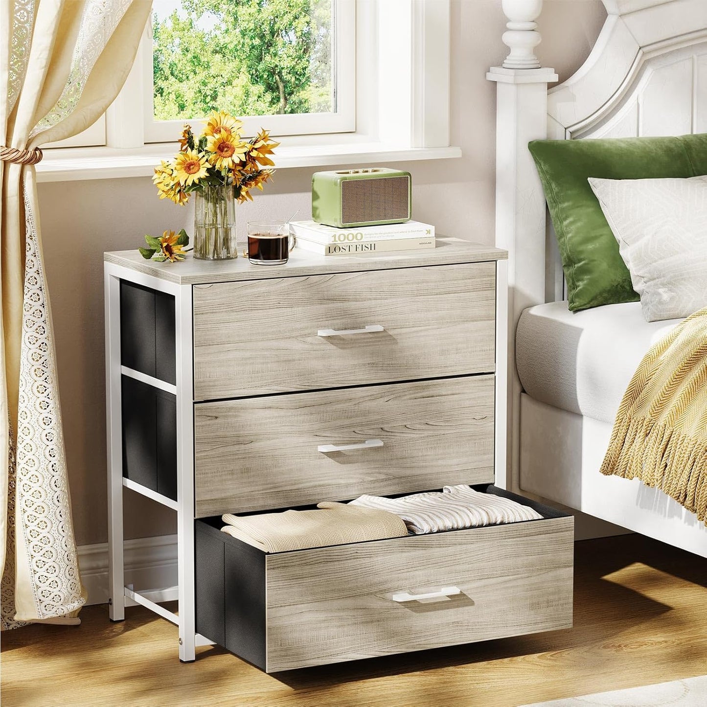 Nightstand with 3 Drawers for Bedroom, Storage Dresser with Fabric Drawers and Metal Frame for Closet, Living Room, Bedside Table with Wood Top, Easy Pull Handle, Black
