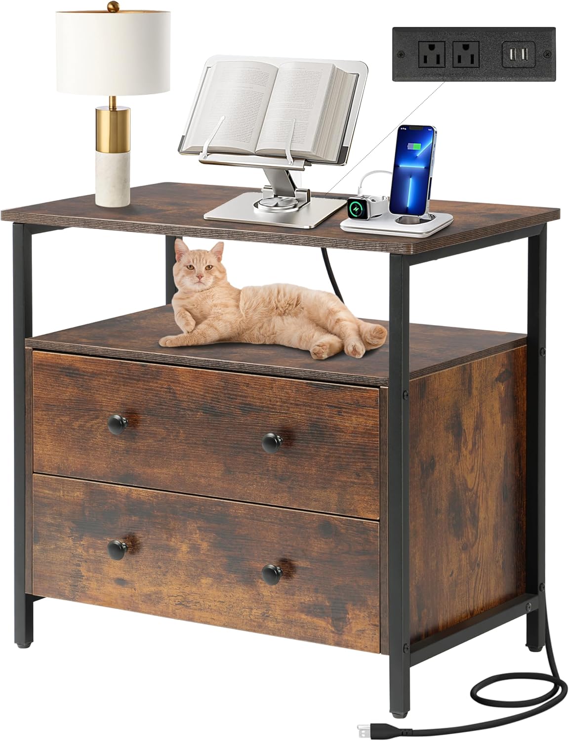 27 inch Wide Nightstand with Charging Station, Bedside Table with Open Shelf, 2 Drawers Small Wood Dresser, End Side Table for Bedroom (White)