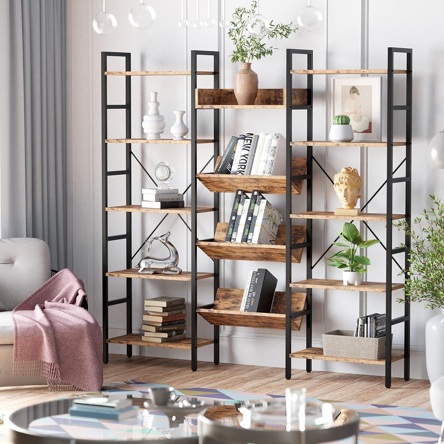 IRONCK Bookshelves and Bookcases 5 Tiers, Triple Wide Industrial Bookshelf, Large Etagere Bookshelf, Display Storage Bookshelves with Metal Frame for Living Room, Home Office