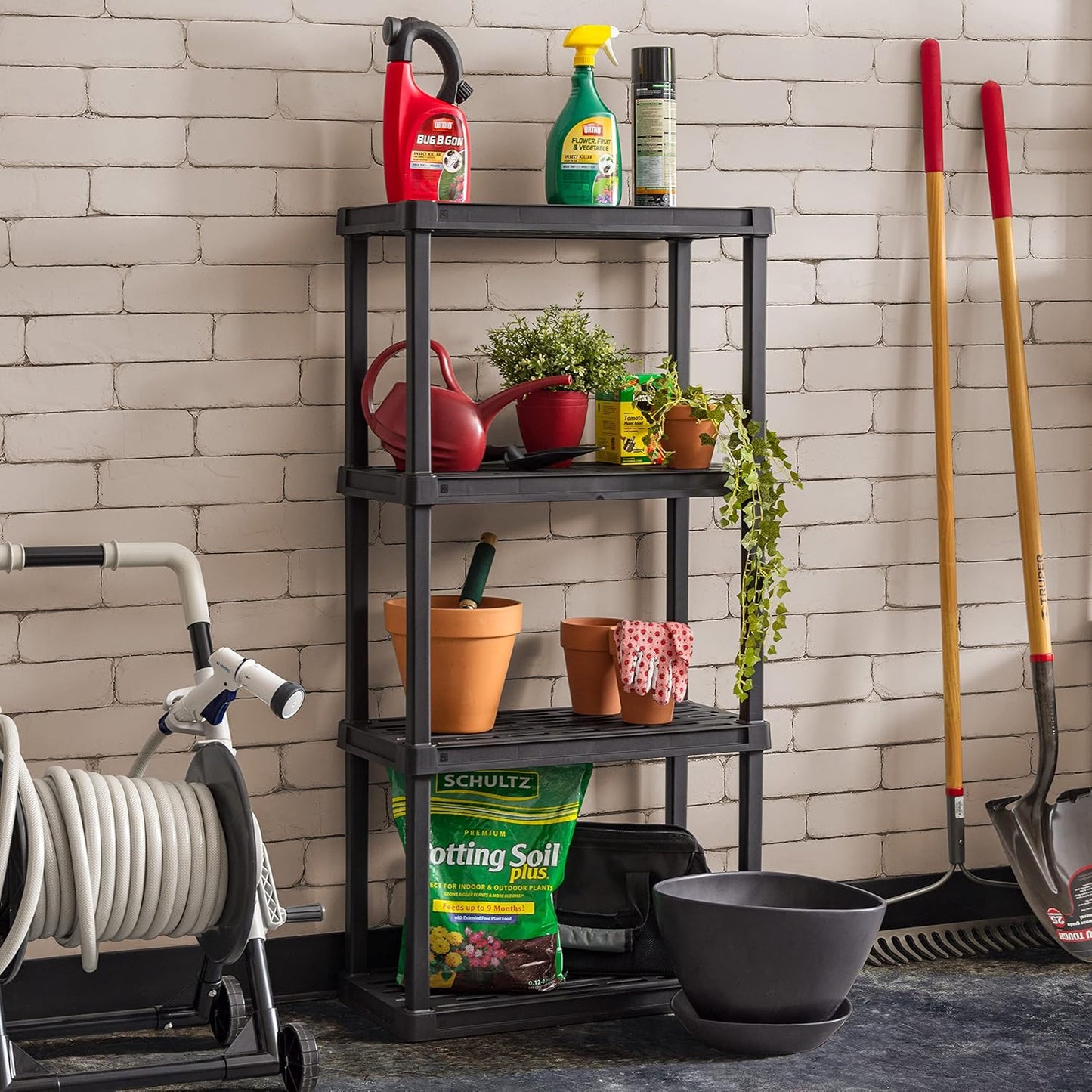 IRIS USA 4-Shelf Light Duty Plastic Storage Shelves, 200lb Capacity, 48"H x 24"W x 12"D, Medium Modular Shelving Unit Storage Organizer for Garage, Home, Bathroom & Laundry, Storage Rack - Black