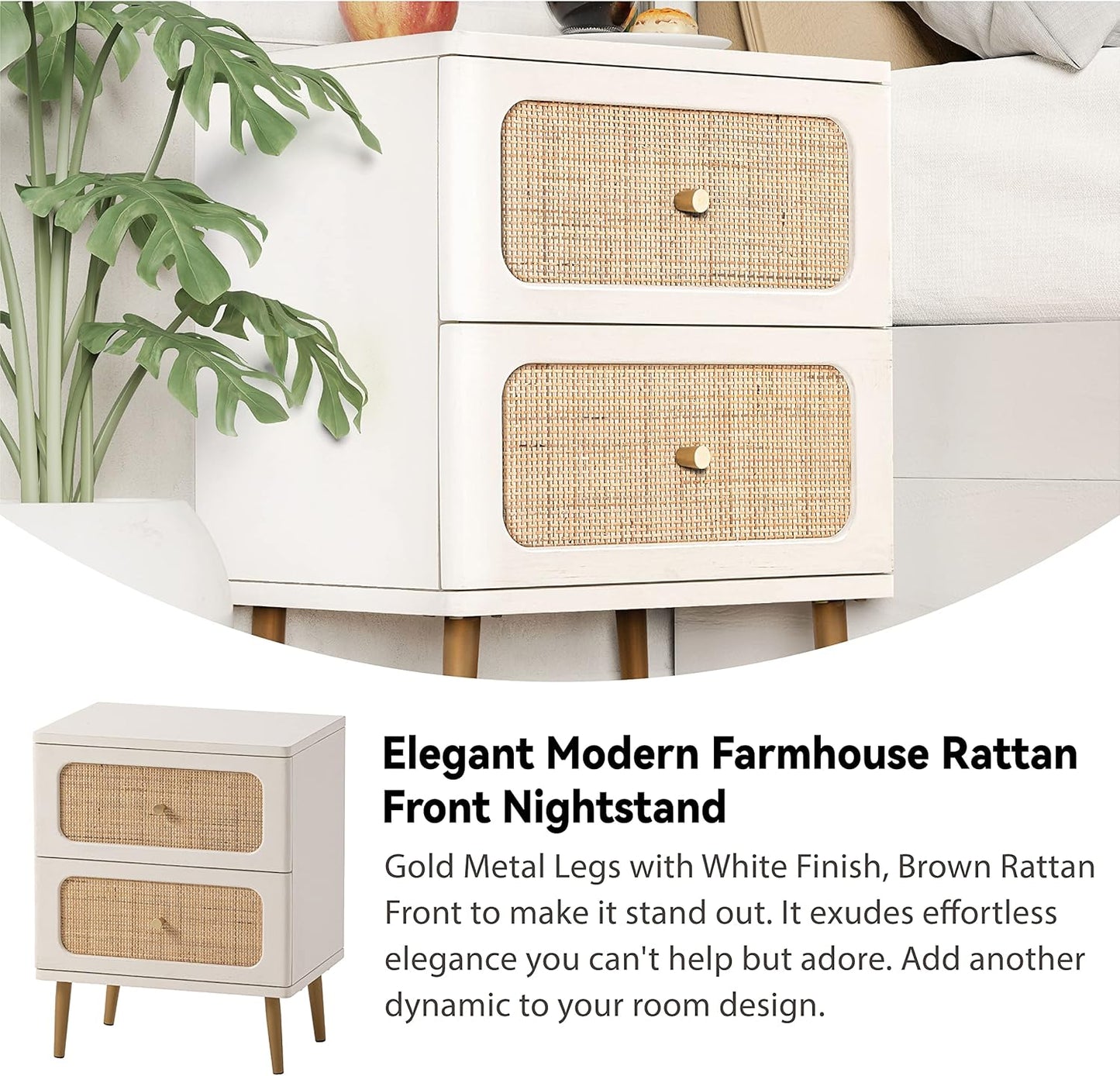 LONYKE Wicker Rattan Nightstand, 2-Drawer End Table Cream White Finish Side Table for Small Spaces, Modern Farmhouse Wooden Bedside Table, Boho Mid-Century Coastal Storage Cabinet