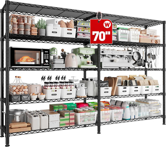 REIBII 70"W Storage Shelves Load 1600LBS, Metal Shelving 5-tier Wire Shelving Unit Metal Shelves for Storage Adjustable Shelving Rack for Pantry Kitchen Garage Commercial school 70"W*15.8"D*72.4"H