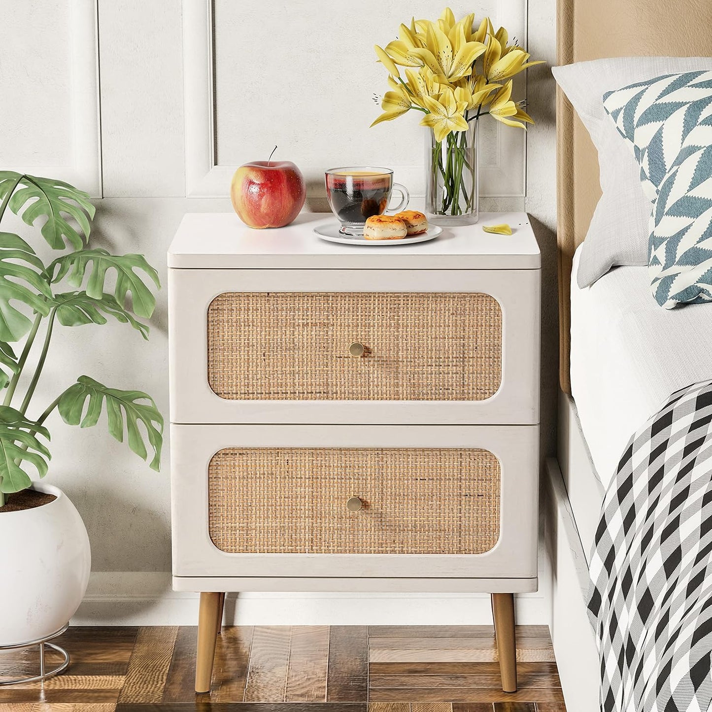 LONYKE Wicker Rattan Nightstand, 2-Drawer End Table Cream White Finish Side Table for Small Spaces, Modern Farmhouse Wooden Bedside Table, Boho Mid-Century Coastal Storage Cabinet
