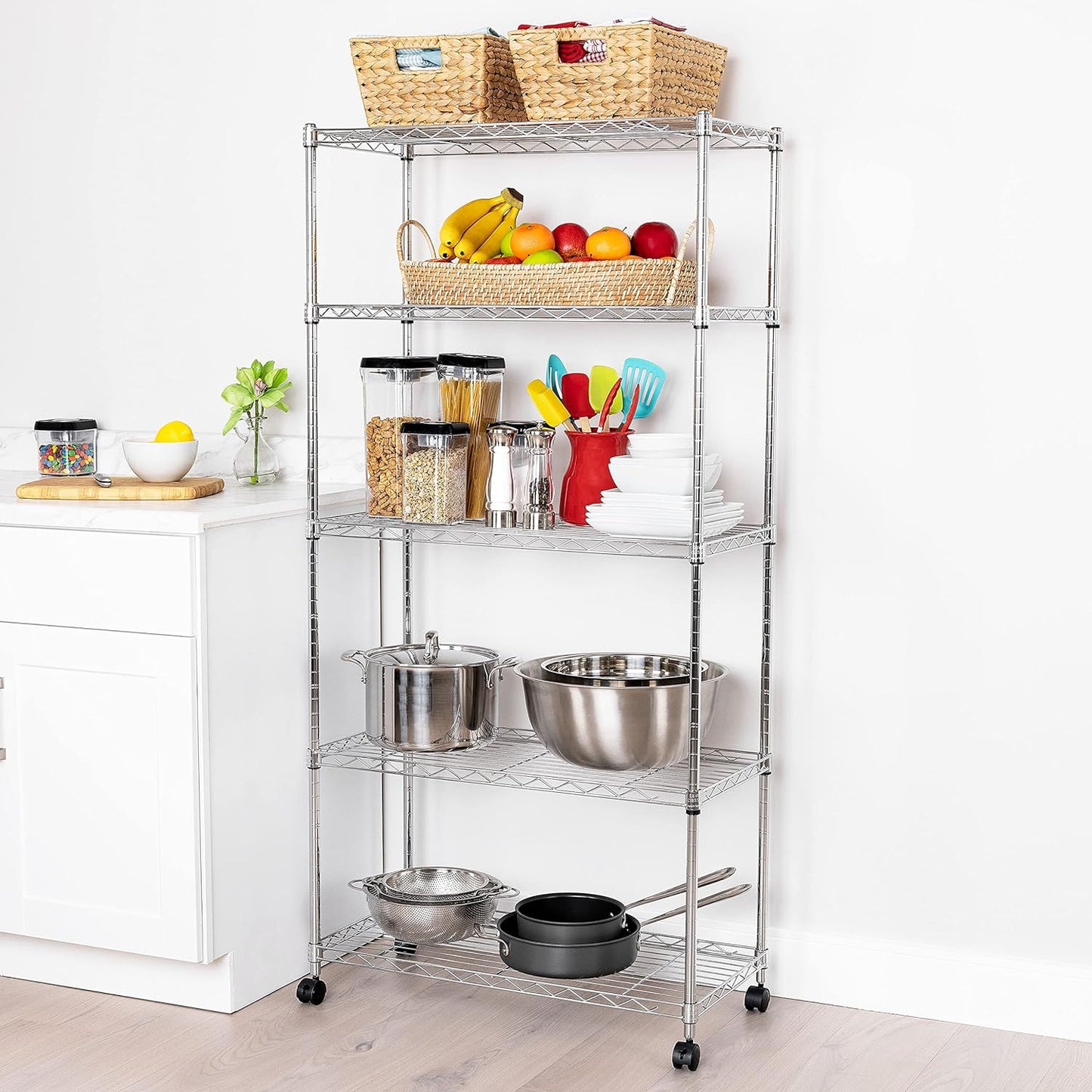 Seville Classics 5-Tier Wire Shelving with Wheels, 5-Tier, 30"" W x 14"" D (NEW MODEL), Chrome Plating, Plated Steel
