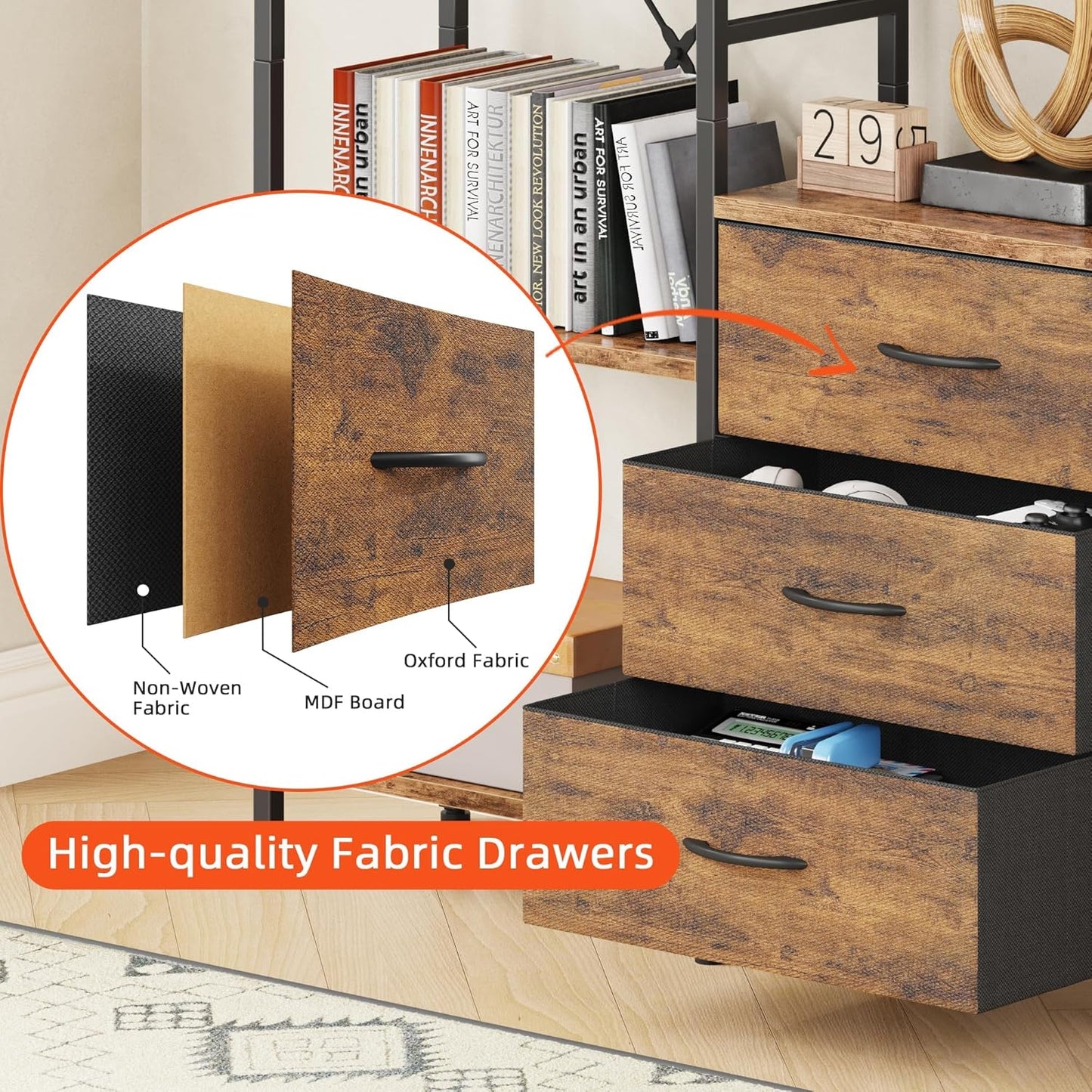 Triple Bookshelf with 3 Fabric Drawers, 5-Tier Book Shelf and 10 Display Shelves, Industrial Large Bookcase for Home & Office, Rustic Brown, 47'' Wide